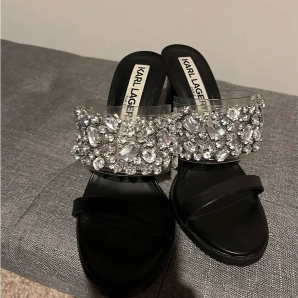 Karl Lagerfeld Black and Silver Crystal Sandals - Picture 2 of 5